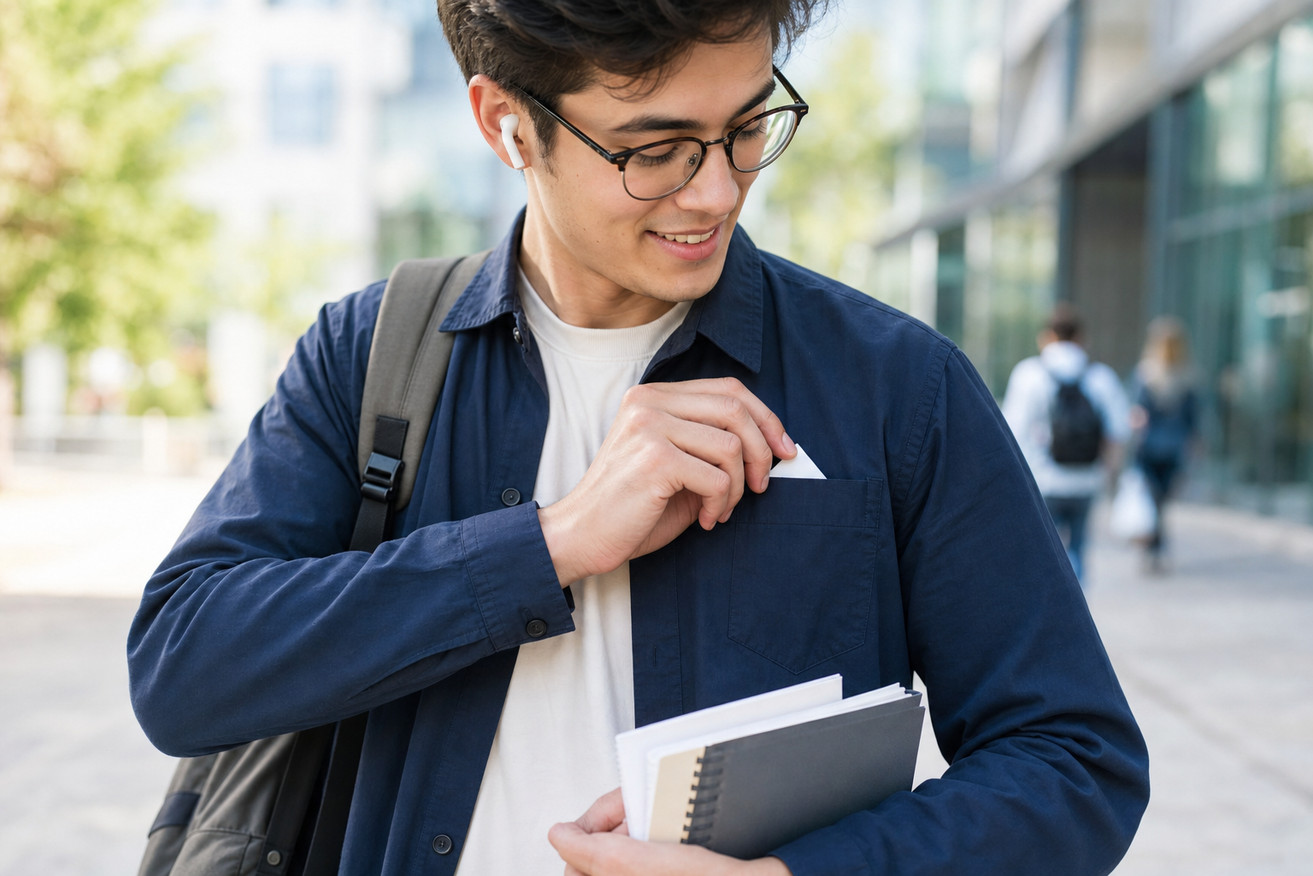 Person placing a Doselet into a shirt pocket